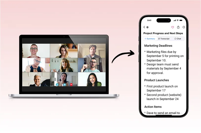 Laptop displaying a multi-participant video conference grid next to a smartphone screen with “Project Progress and Next Steps” summary, illustrating SummaryAI.app’s conversion of live meetings into actionable mobile summaries.
