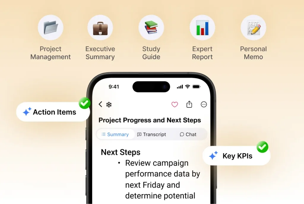 Icons for Project Management (folder), Executive Summary (briefcase), Study Guide (books), Expert Report (bar chart), and Personal Memo (notepad) displayed above a smartphone screen showing SummaryAI.app’s “Project Progress & Next Steps” summary.