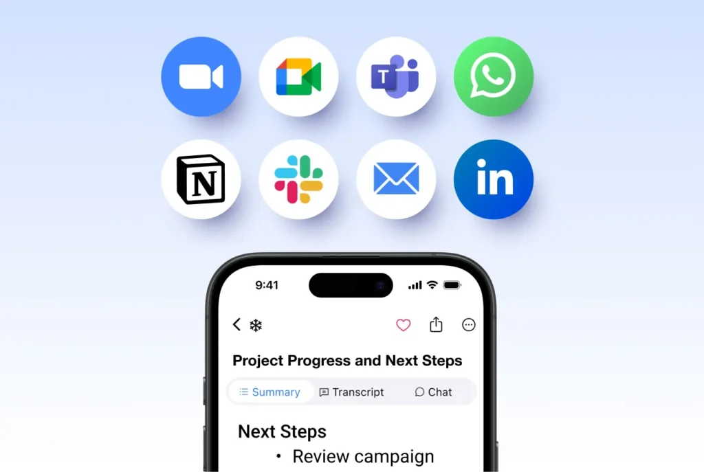Eight circular integration icons (Zoom, Google Meet, Teams, WhatsApp, Notion, Slack, Email, LinkedIn) floated above a mobile screen showing SummaryAI.app’s “Project Progress and Next Steps” summary interface against a soft blue gradient.