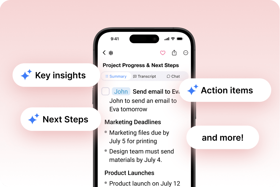 A screenshot of the “Summary” app on an iPhone against a soft pink background. The device displays the “Project Progress & Next Steps” summary view with callouts pointing to various UI elements labeled “Key insights,” “Action items,” “Next Steps,” and “and more!”