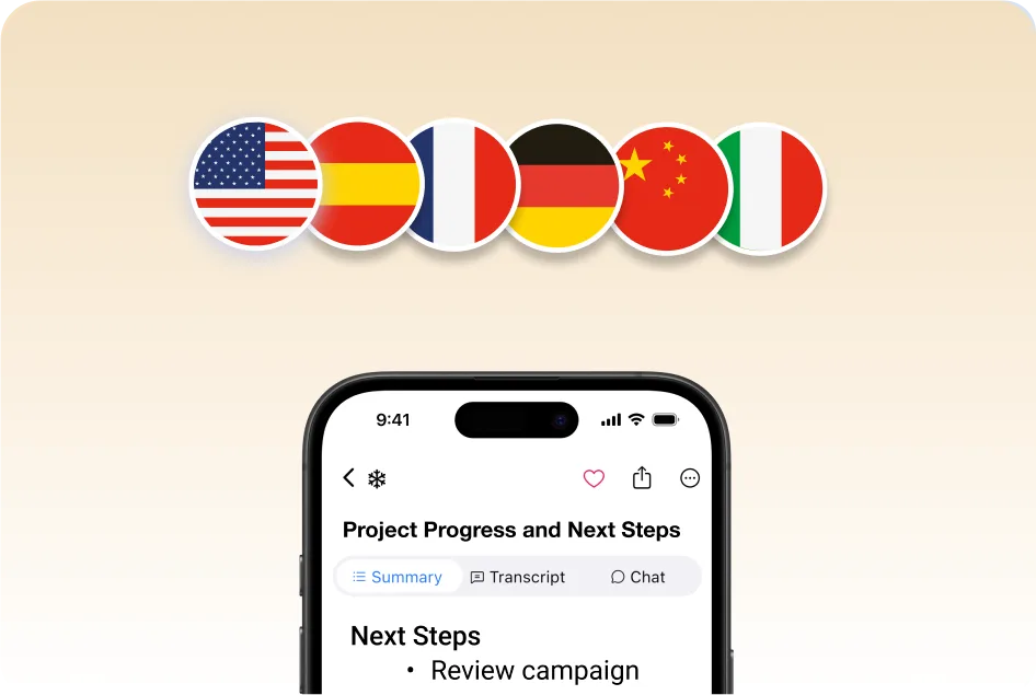 A row of country flags (USA, Spain, France, Germany, China, Italy) above a smartphone screen showing a meeting summary interface with summary, transcript, and chat tabs.