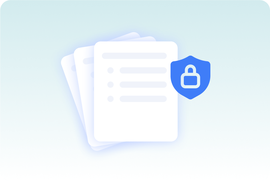 A stack of AI-generated summary documents alongside a shield-shaped lock icon, representing secure, private handling of your transcripts and notes.