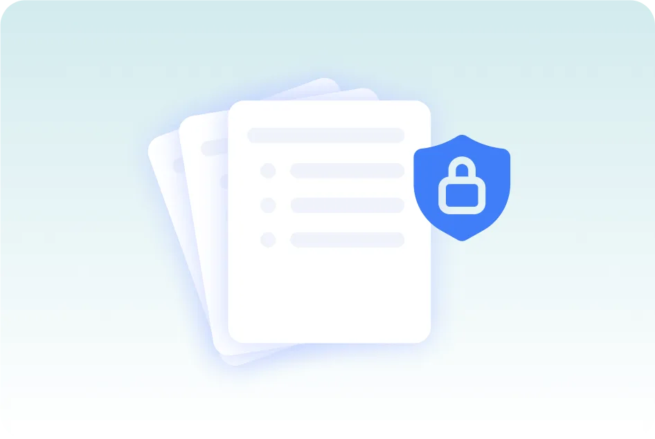 A stack of AI-generated summary documents alongside a shield-shaped lock icon, representing secure, private handling of your transcripts and notes.