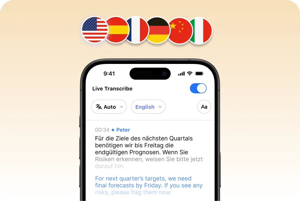 Row of six country flags above a phone showing “Live Transcribe” enabled, “Auto” and “English” selectors, and a text-size button, with a German transcript and English subtitles.