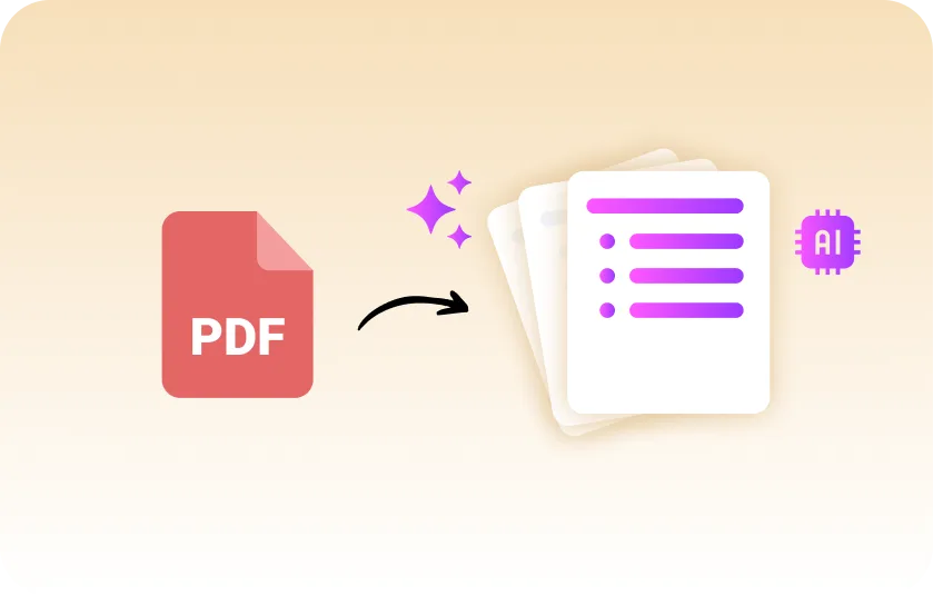 Red PDF file icon with an arrow pointing to stacked white summary pages marked with purple bullet points, sparkles, and an AI chip, set against a beige gradient.