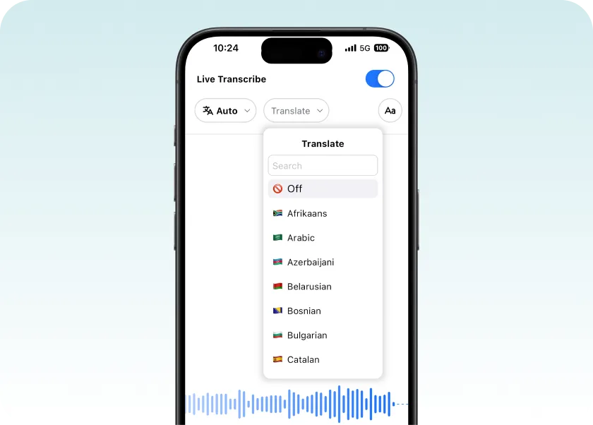 Smartphone displaying a “Live Transcribe” screen with the Translate dropdown open, showing a vertical list of language choices and a blue audio waveform at the bottom.