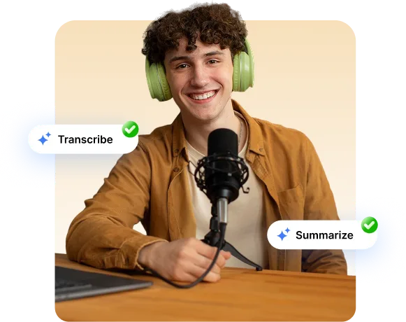 Podcaster with green headphones speaking into a microphone, flanked by “Transcribe” and “Summarize” badges, representing AI-powered audio processing.