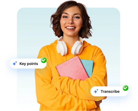 Young woman in a yellow hoodie and white headphones holding two books, with “Key points” and “Transcribe” badges, illustrating AI-driven educational summaries.