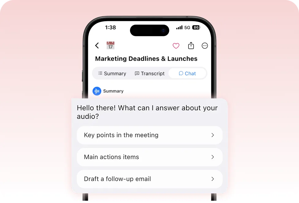 Mobile screen with an AI chat overlay offering quick actions—key points, action items, or draft a follow-up email—on top of the “Marketing Deadlines & Launches” interface.