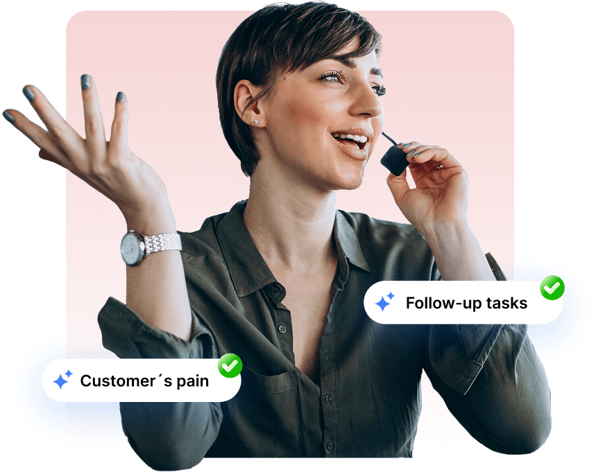 Customer support agent wearing a headset and gesturing, with “Customer’s pain” and “Follow-up tasks” checkmark badges, illustrating AI-driven customer call analysis.