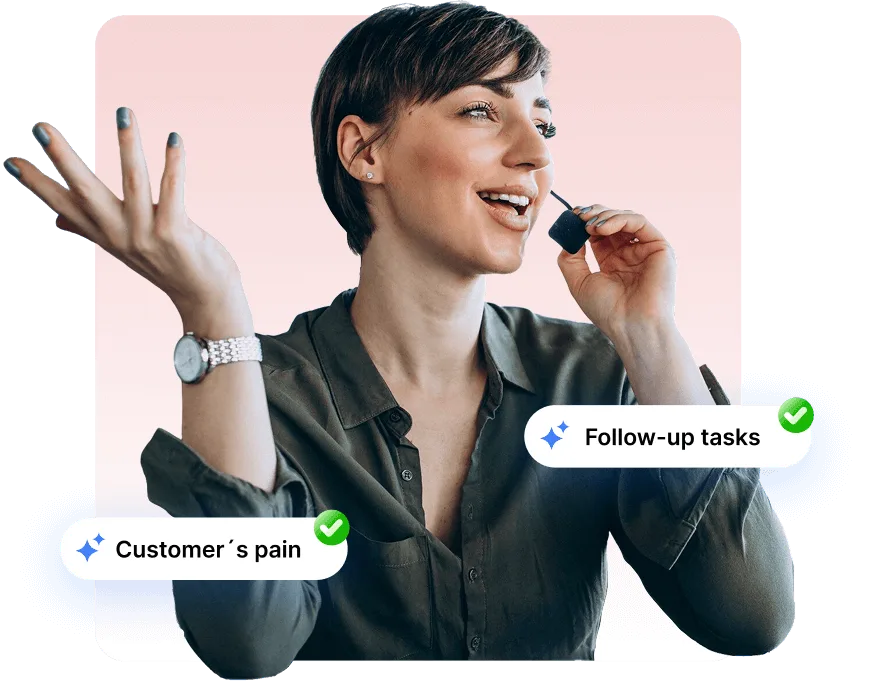 Customer support agent wearing a headset and gesturing, with “Customer’s pain” and “Follow-up tasks” checkmark badges, illustrating AI-driven customer call analysis.