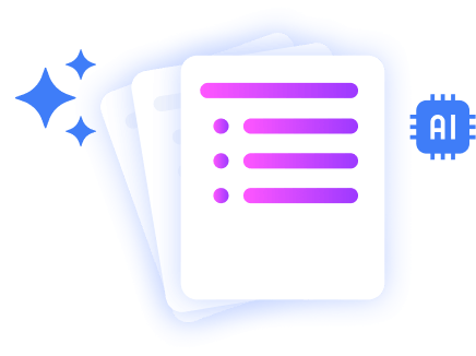 Stacked document pages with a colorful bullet list icon, sparkles, and an AI chip icon, representing AI-powered polished document summaries.