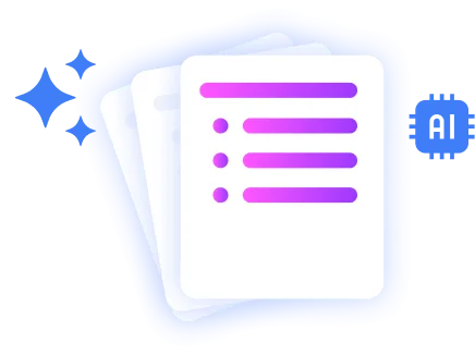 Stacked document pages with a colorful bullet list icon, sparkles, and an AI chip icon, representing AI-powered polished document summaries.