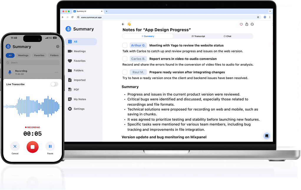 An iPhone displaying a live audio waveform recording screen next to a MacBook showing the Summary app’s notes view with action items and a bullet-point summary for “App Design Progress.”