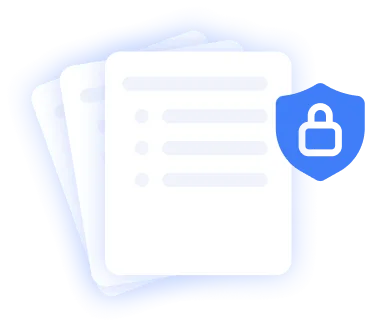 Illustration of stacked document pages with a shield and lock icon, symbolizing secure, privacy-focused AI summaries.