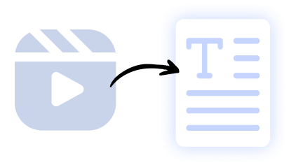 Illustration of a video clip icon converting into a text document, representing AI-powered video-to-text summarization.