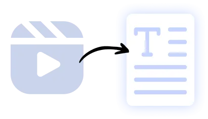 Illustration of a video clip icon converting into a text document, representing AI-powered video-to-text summarization.