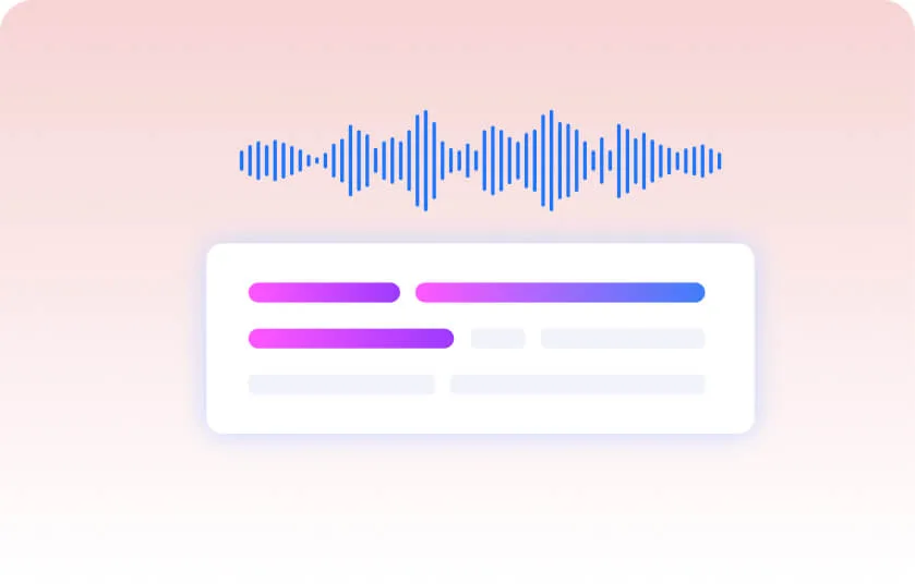 Blue audio waveform above a stylized text snippet with colorful highlights on a soft gradient background, illustrating audio-to-text conversion.