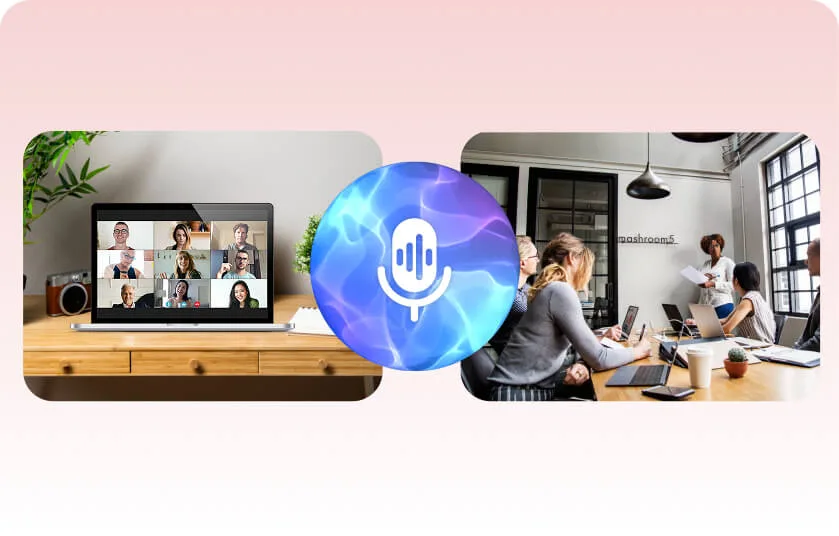 Laptop displaying a remote video conference grid on the left, a central AI microphone icon, and an in-person meeting around a table on the right, illustrating hybrid meeting summaries.