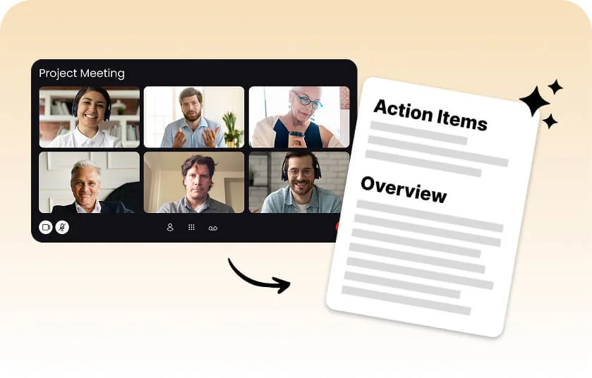 Video conference grid labeled “Project Meeting” next to an AI-generated document titled “Action Items” and “Overview,” illustrating how a project manager leverages SummaryAI.app for efficient meeting summaries.