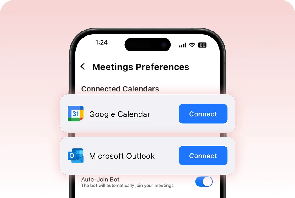 Smartphone screen showing “Meetings Preferences” with pop-up cards for “Google Calendar” and “Microsoft Outlook,” each featuring a “Connect” button, against a soft pink background.