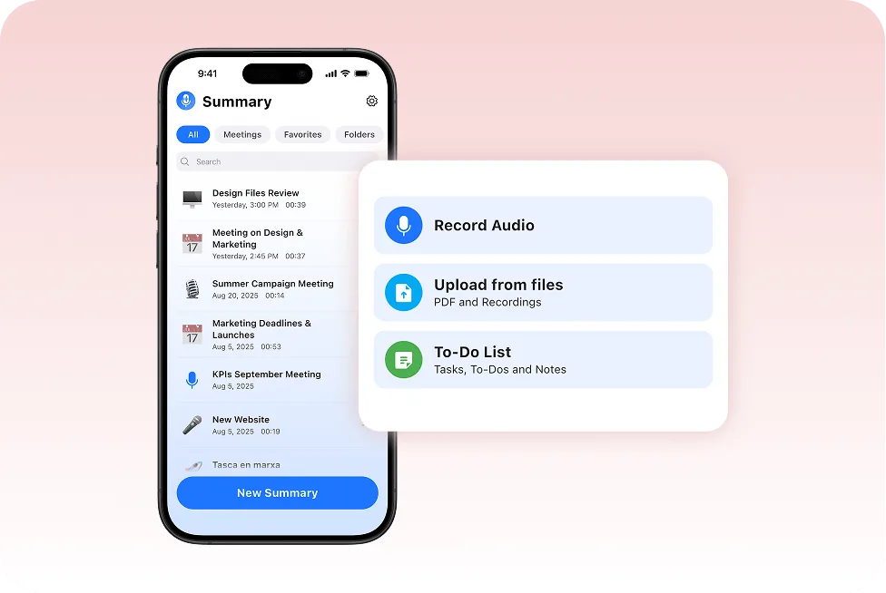 An iPhone screen shows the SummaryAI.app interface with a list of past recordings and a “New Summary” button. Next to it, a pop-up menu offers three actions: “Record Audio” (with a microphone icon), “Upload from files” (PDF & Recordings), and “To-Do List” (Tasks, To-Dos and Notes).