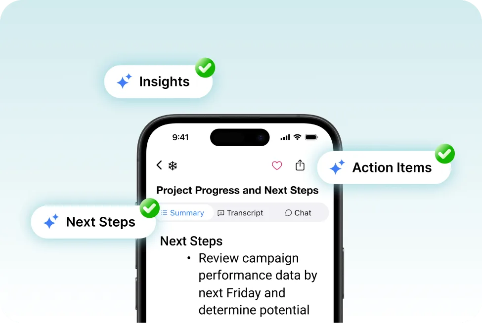 A smartphone screen displays the SummaryAI.app summary view titled “Project Progress and Next Steps.” Surrounding it are three labeled badges with green checkmarks: “Insights,” “Next Steps,” and “Action Items,” all set against a light teal background.