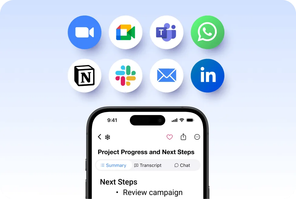 A smartphone screen shows the SummaryAI.app interface titled “Project Progress and Next Steps.” Above it float eight circular icons for Zoom, Google Meet, Microsoft Teams, WhatsApp, Notion, Slack, Email, and LinkedIn integrations, all set against a soft blue background.