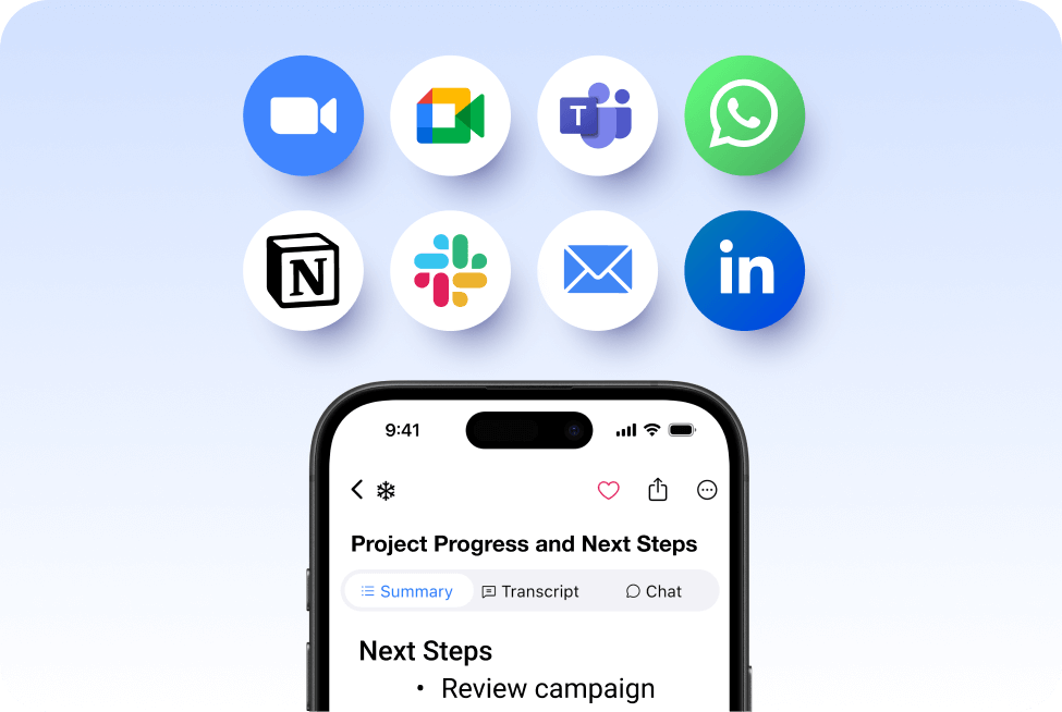 Mobile view of SummaryAI.app’s Project Progress & Next Steps screen, with share icon callouts, beneath a row of integration logos: Zoom, Google Meet, Microsoft Teams, WhatsApp, Notion, Slack, Email, and LinkedIn.