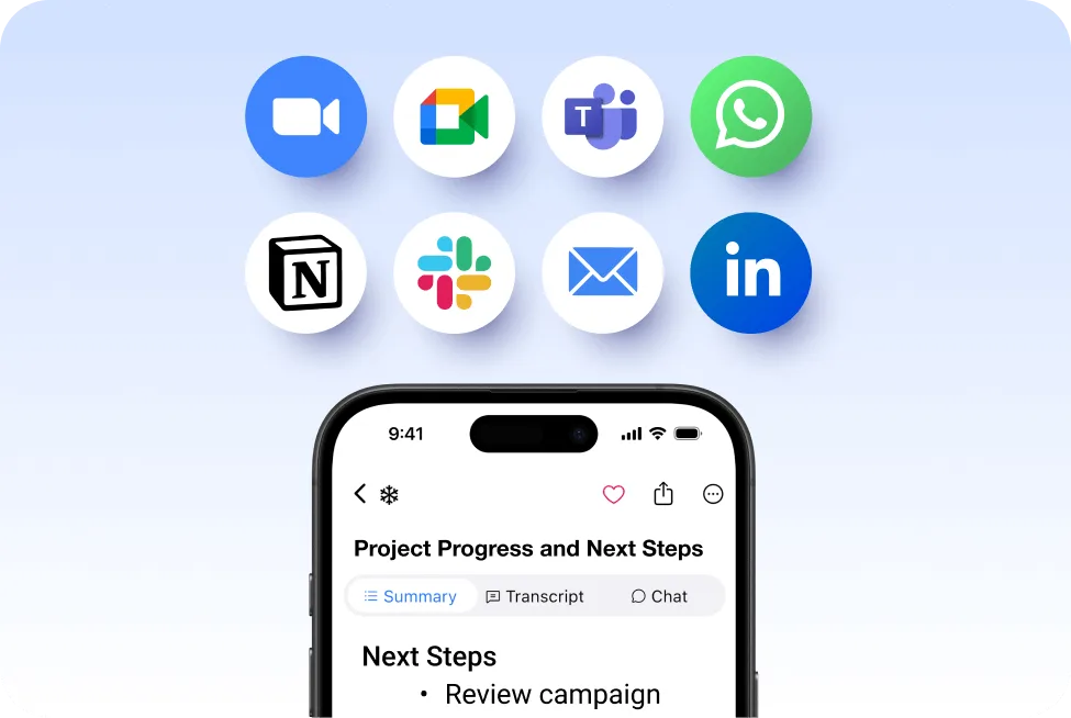Mobile view of SummaryAI.app’s Project Progress & Next Steps screen, with share icon callouts, beneath a row of integration logos: Zoom, Google Meet, Microsoft Teams, WhatsApp, Notion, Slack, Email, and LinkedIn.