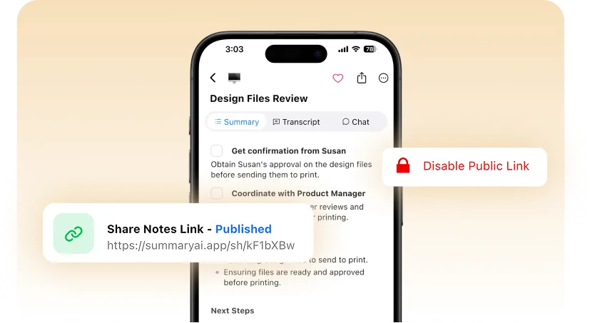 Phone showing a meeting summary with a “Share Notes Link – Published” banner and a “Disable Public Link” button.