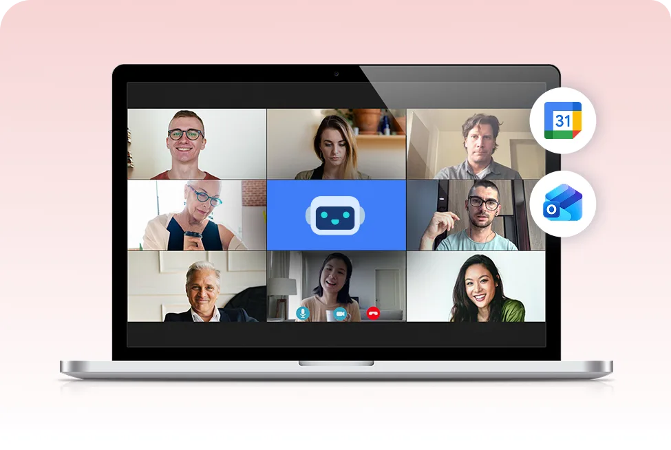 Laptop screen showing a nine-user video conference layout with five attendees, one live speaker, and a central AI robot avatar; Google Calendar and Outlook icons float beside the laptop.