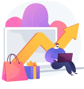 A vibrant vector scene featuring a laptop screen displaying an upward-trending yellow arrow chart. To its left sit a pink shopping bag and two gift boxes, while on the right a seated person works on a second laptop.