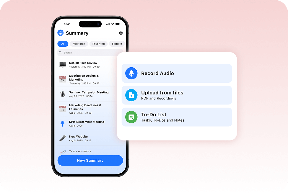 Mobile app interface showing recording history and a pop-up menu with options to Record Audio, Upload from files, or create a To-Do List.