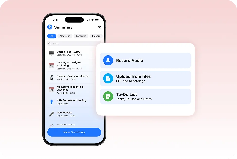 Mobile app interface showing recording history and a pop-up menu with options to Record Audio, Upload from files, or create a To-Do List.