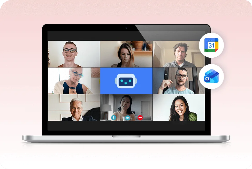Laptop displaying a nine-participant video conference grid with the center tile showing a smiling AI bot icon; adjacent overlays feature Google Calendar and Outlook logos.