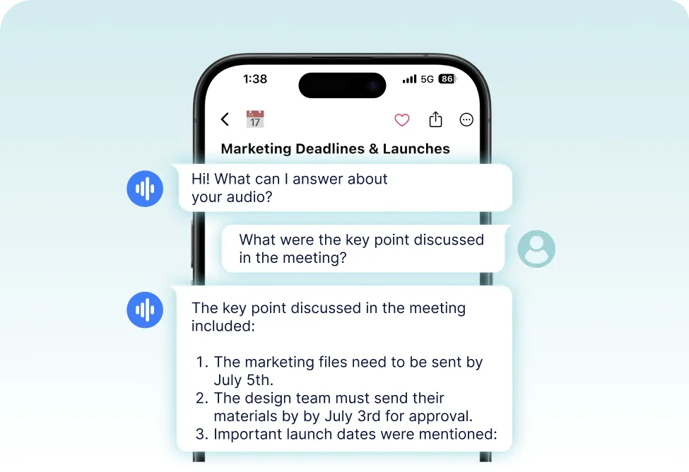Phone showing AI chat: AI asks how it can help, user asks for key meeting points, AI replies with a numbered summary of deadlines and launch dates.