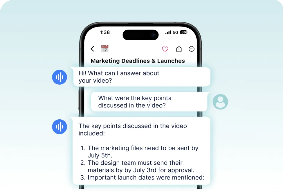 Phone showing AI chat: AI asks how it can help, user asks for key meeting points, AI replies with a numbered summary of deadlines and launch dates.