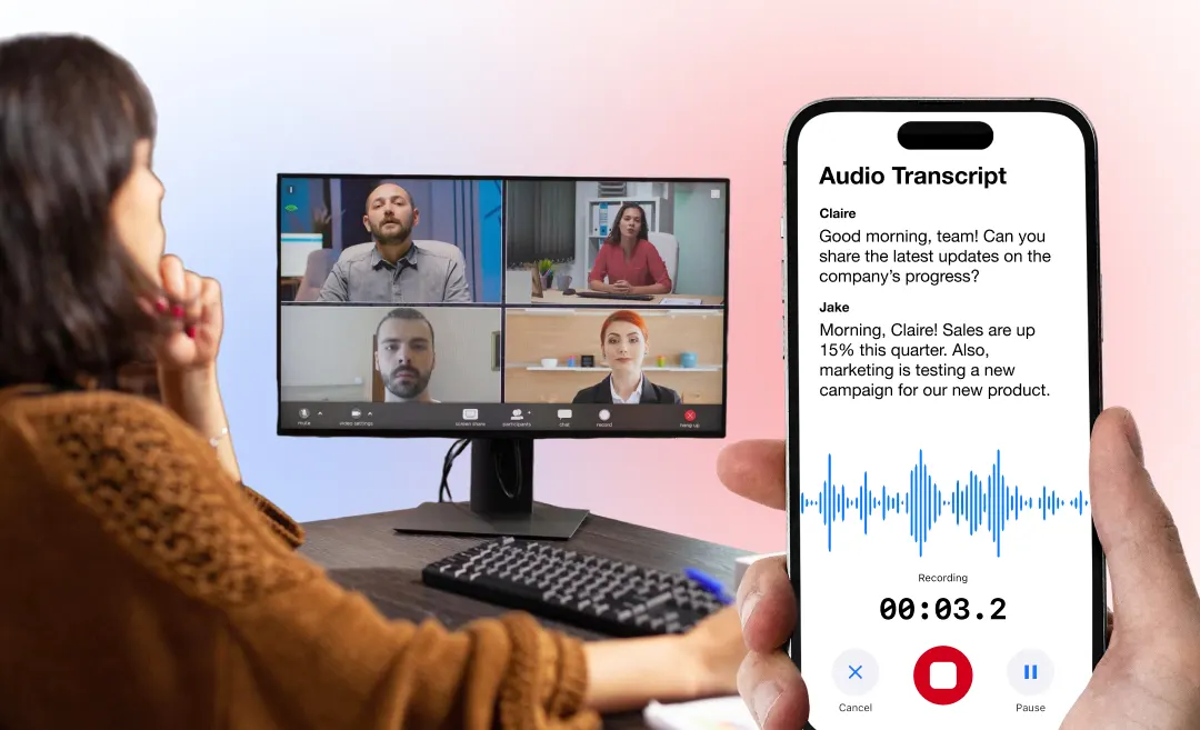 recorder app example. A women recording a meeting with our recorder app summary ai