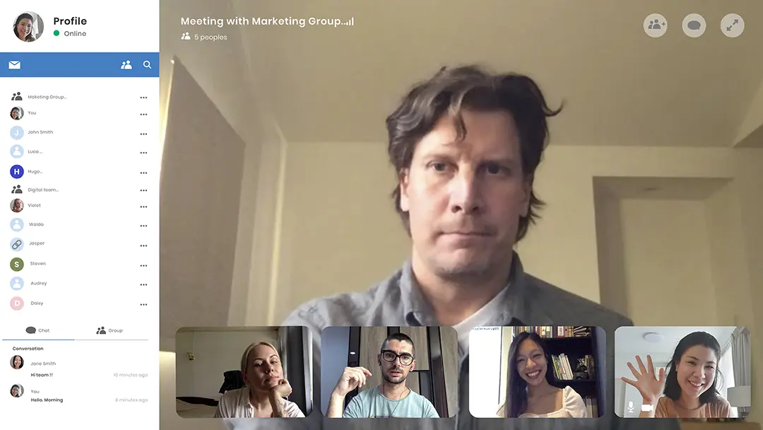 A sales professional doing the weekly meeting with his team, and following the virtual meeting ettiquete.
