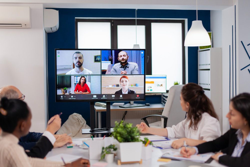 zoom call at office with onsite and remote employees