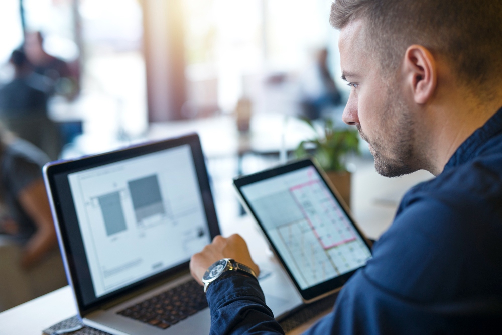 Professional analyzing lead scoring in CRM software 
