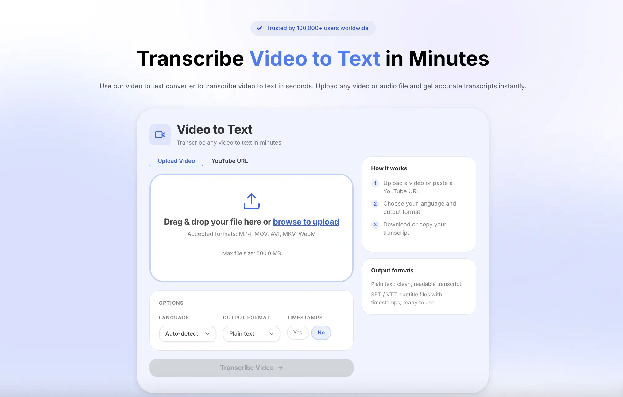 summary ai interface of free video transcript generator