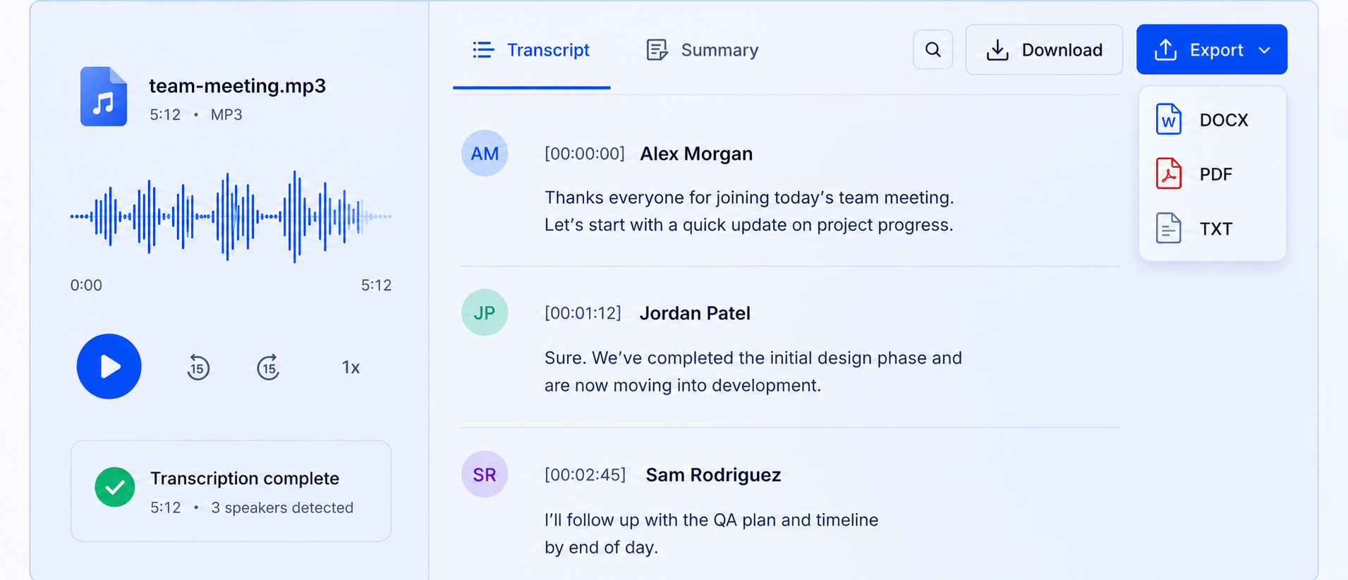 AI audio transcription workflow showing how to upload an audio file, generate an accurate transcript with speaker recognition, and export it in multiple formats using Summary AI.