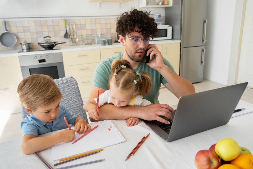 parent working from home near children