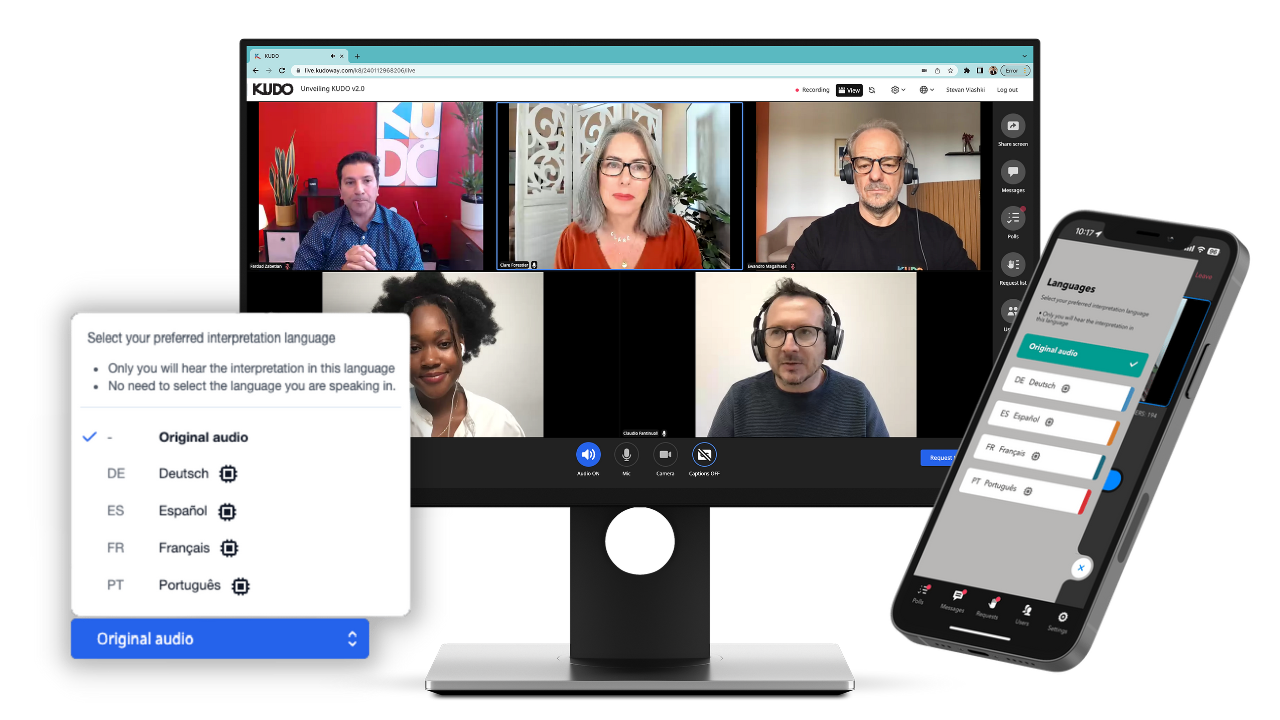 screens showing kudo in action translating speech live with ai