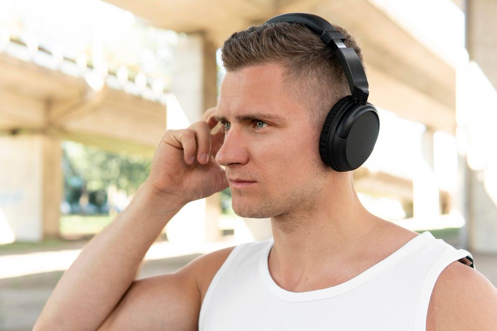 person wearing active noise cancellation headphones
