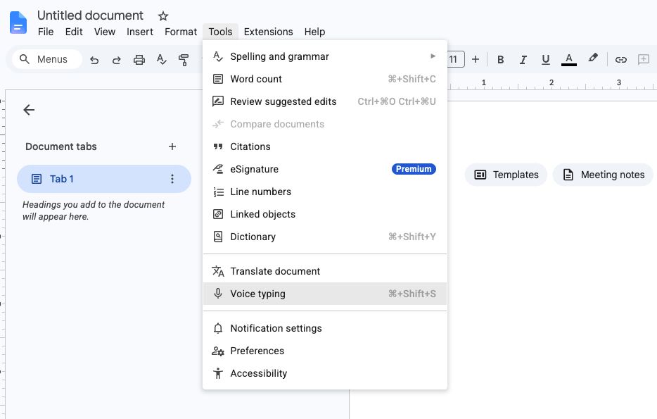 opening google docs menu to select voice typing is how to trancsribe a video to text for free