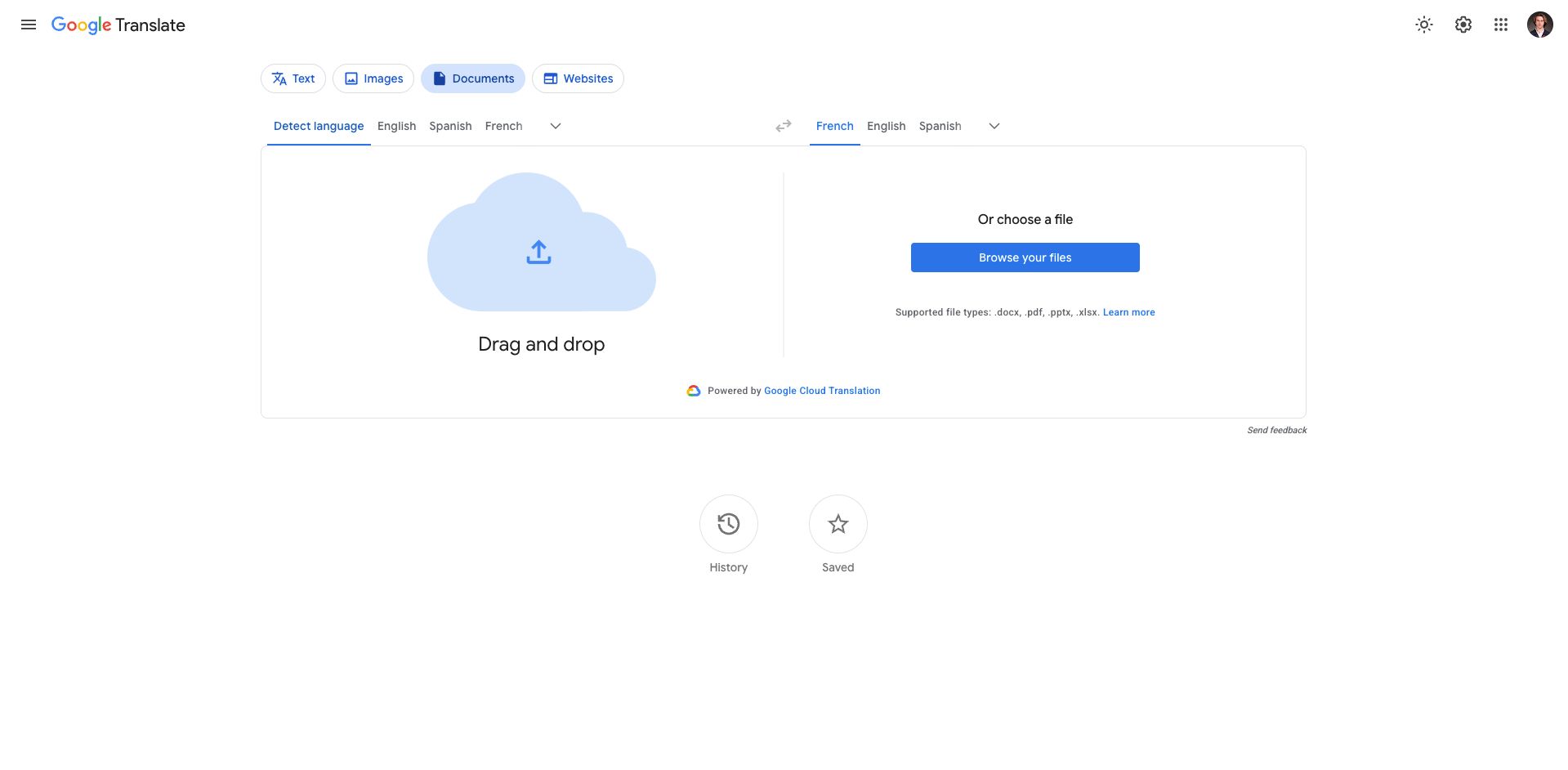 google translate page showing file upload window with language detection turned on