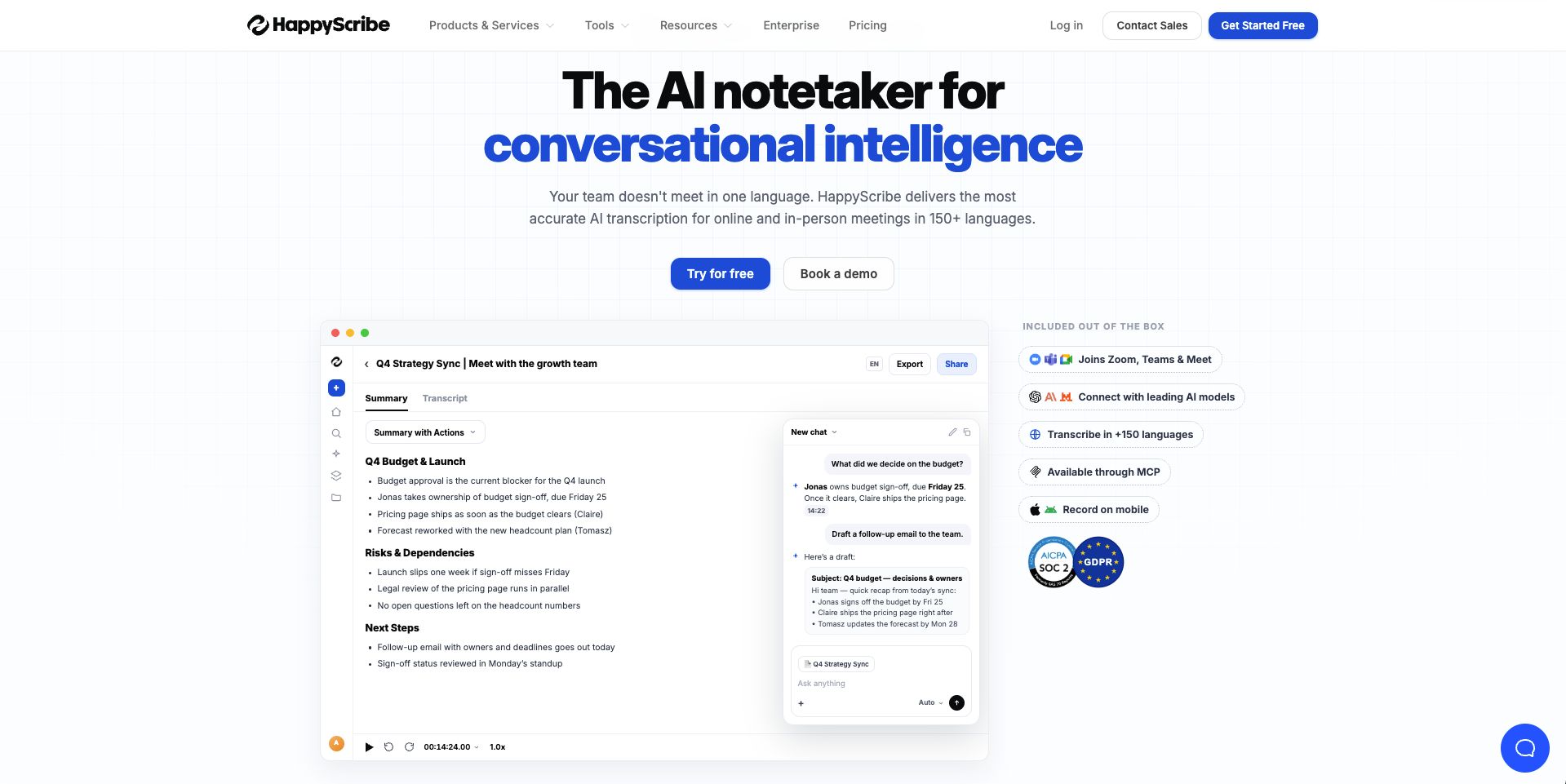 website of happyscribe showing conversational intelligence features
